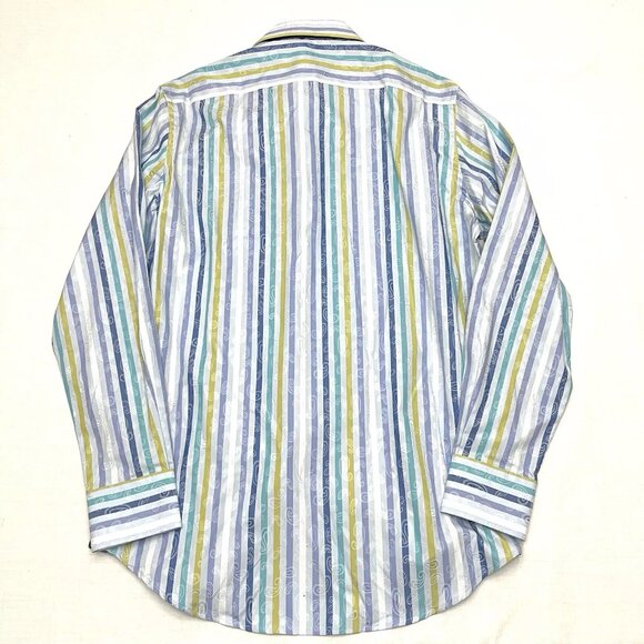 Robert Graham Men’s Large 42 16 1/2 Blue Striped Flip Cuff Shirt - Picture 4 of 5